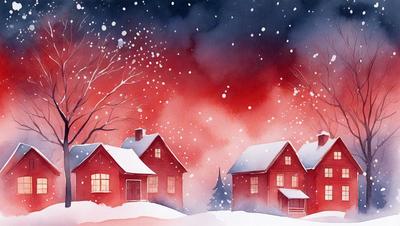 The primary subject of the image is a house with a snow-covered roof, surrounded by a snowy landscape. The setting is a winter scene with a red sky, and the visual style is a painting or drawing. The colors and mood of the image are predominantly red and cold, creating a sense of a winter night.